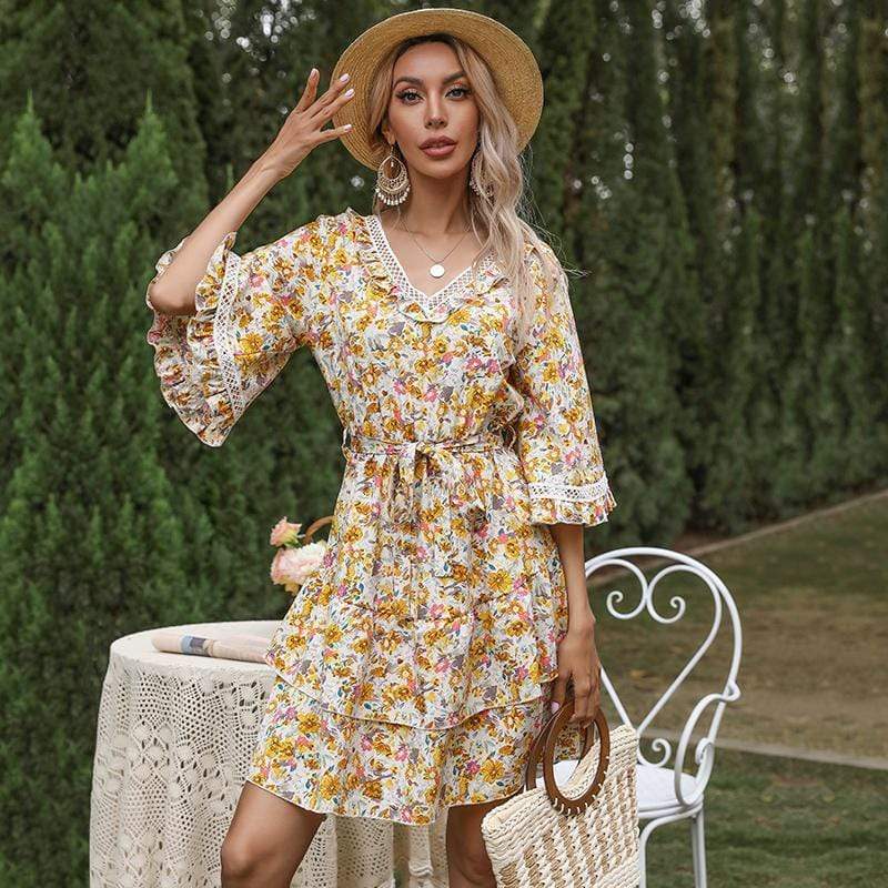 Anna-Kaci Floral Print Wide Short Sleeve A Line Swing Dress V Neck for Women