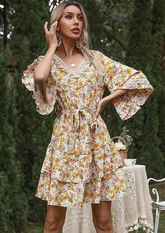 Anna-Kaci Floral Print Wide Short Sleeve A Line Swing Dress V Neck for Women