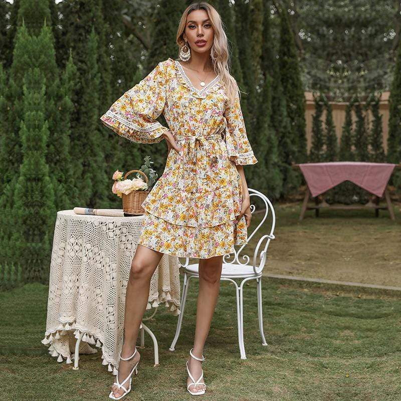 Anna-Kaci Floral Print Wide Short Sleeve A Line Swing Dress V Neck for Women