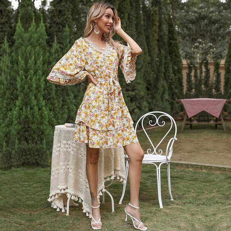 Anna-Kaci Floral Print Wide Short Sleeve A Line Swing Dress V Neck for Women