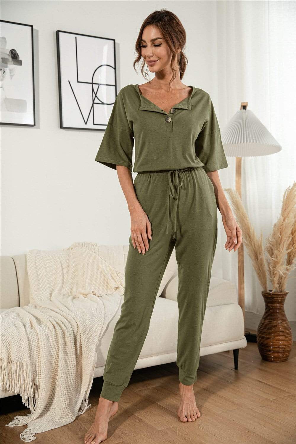 Anna-Kaci Henley Lounge Button Up Lightweight Jumpsuit for Women Large 8-10 / Olive Green