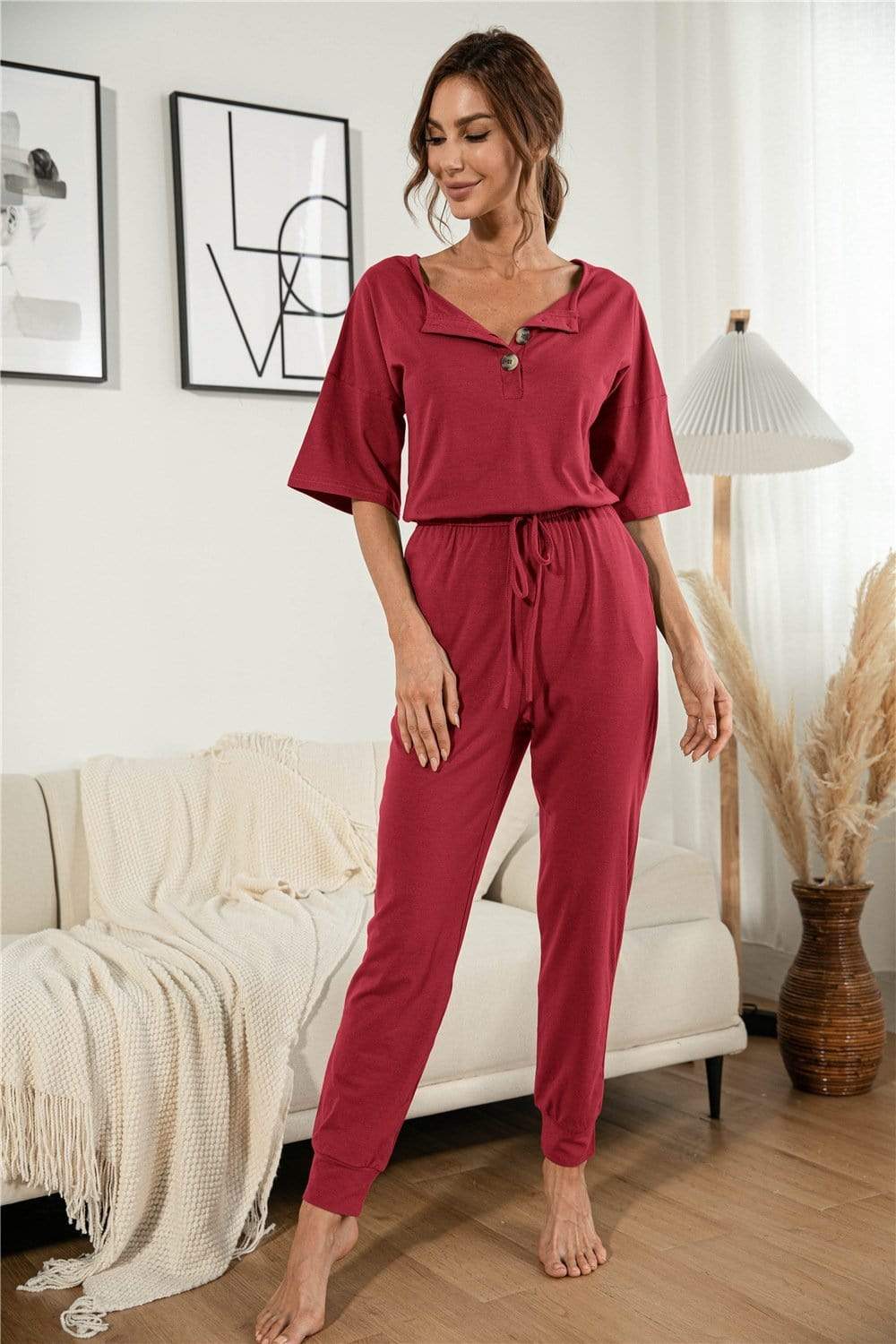 Anna-Kaci Henley Lounge Button Up Lightweight Jumpsuit for Women Large 8-10 / Red