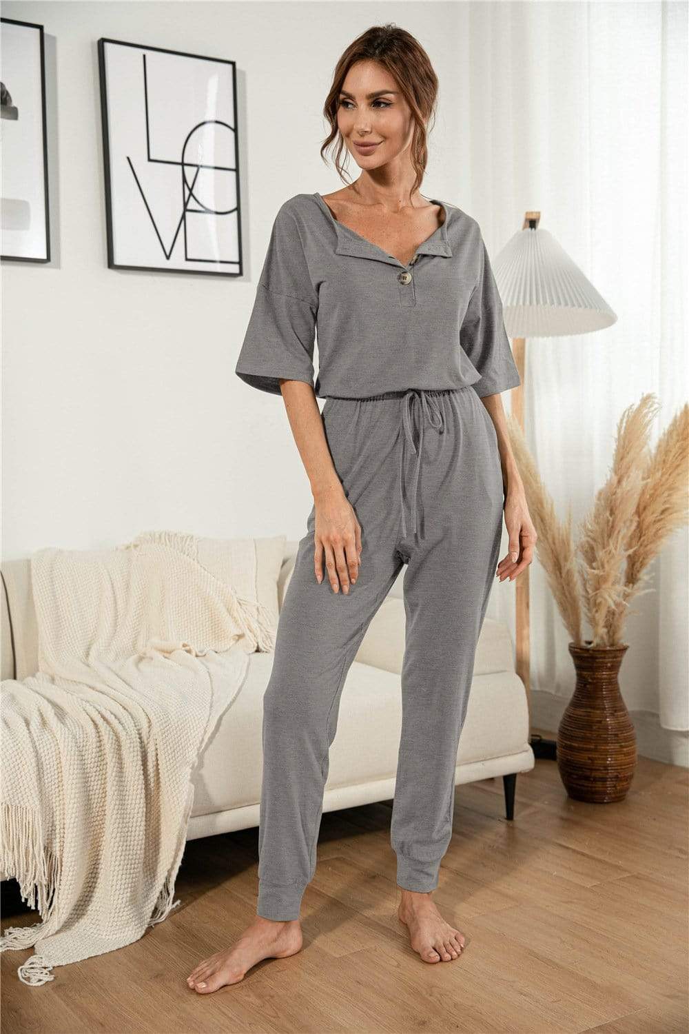 Anna-Kaci Henley Lounge Button Up Lightweight Jumpsuit for Women