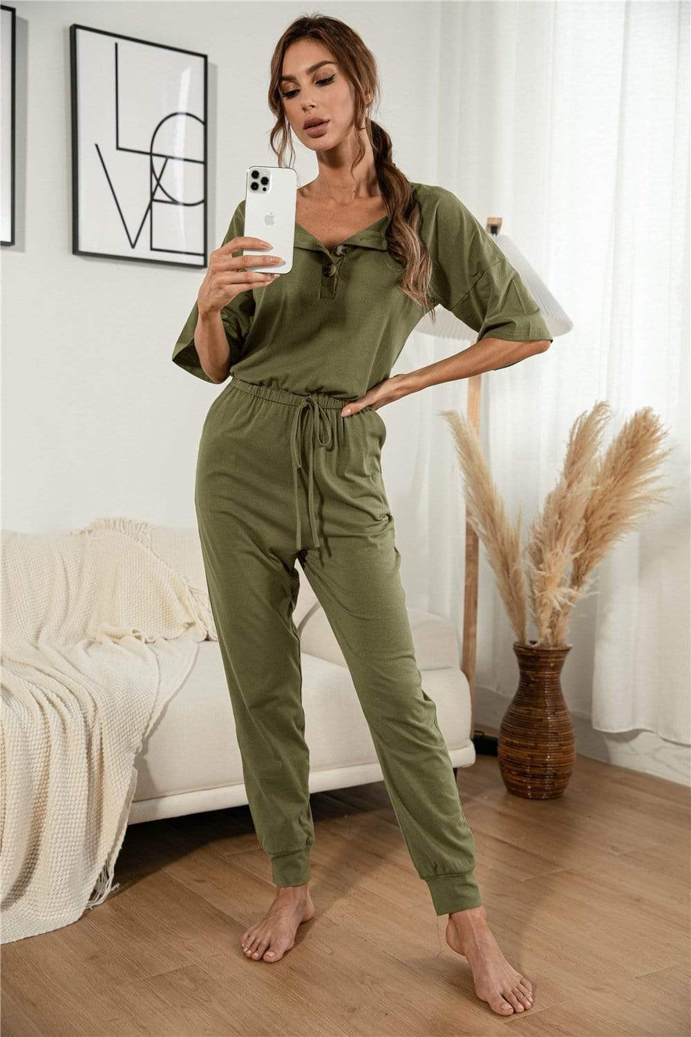 Anna-Kaci Henley Lounge Button Up Lightweight Jumpsuit for Women