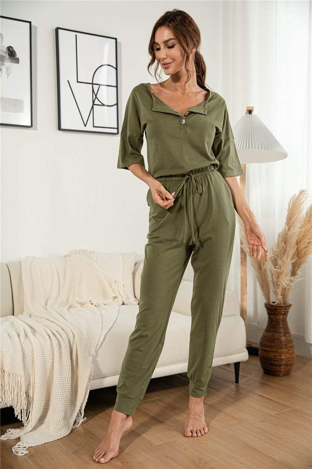 Anna-Kaci Henley Lounge Button Up Lightweight Jumpsuit for Women