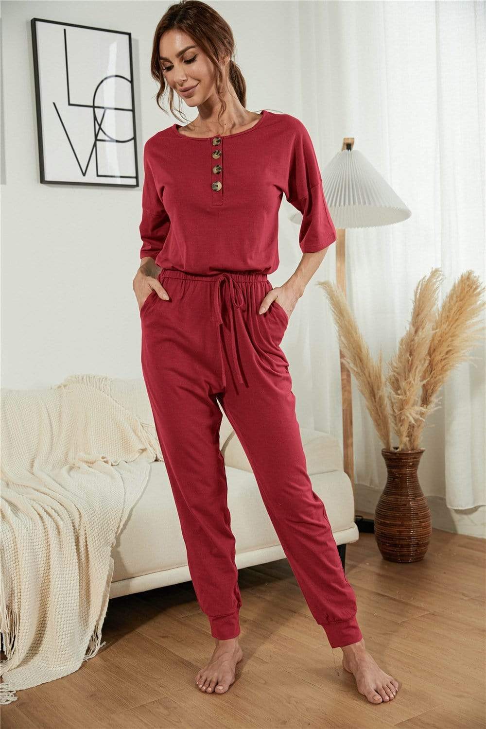 Anna-Kaci Henley Lounge Button Up Lightweight Jumpsuit for Women