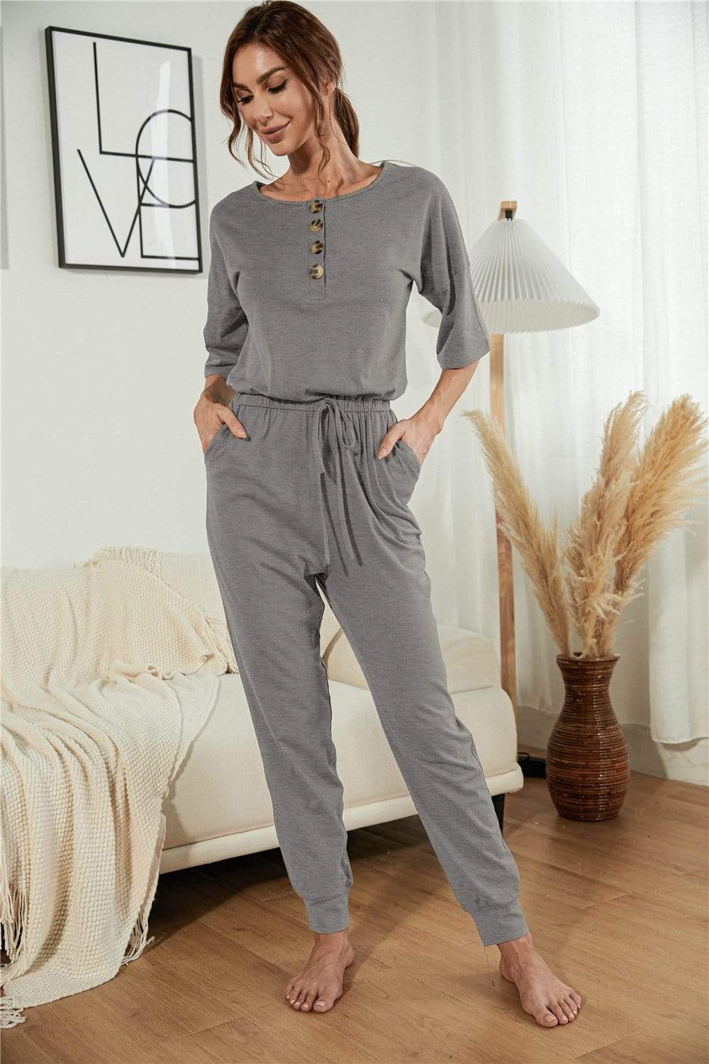 Anna-Kaci Henley Lounge Button Up Lightweight Jumpsuit for Women