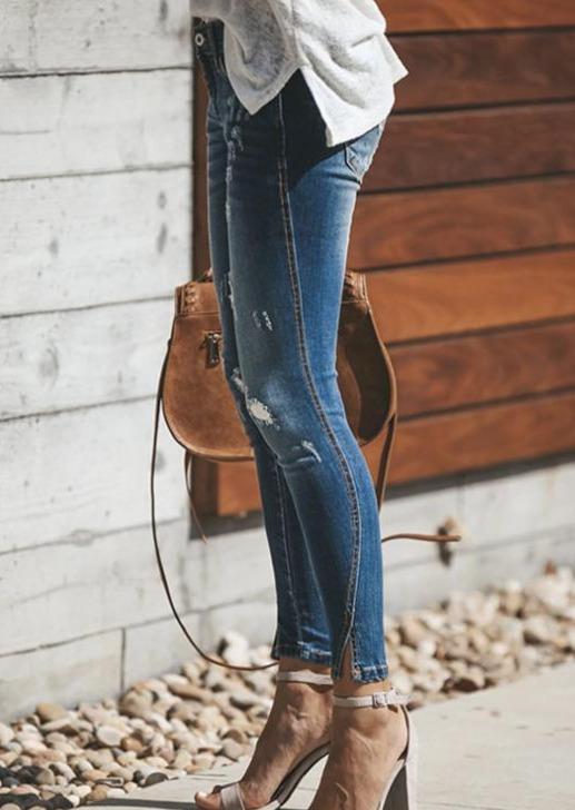 Anna-Kaci High Waisted Dark Wash Ripped Detail Skinny Denim Jeans for Women