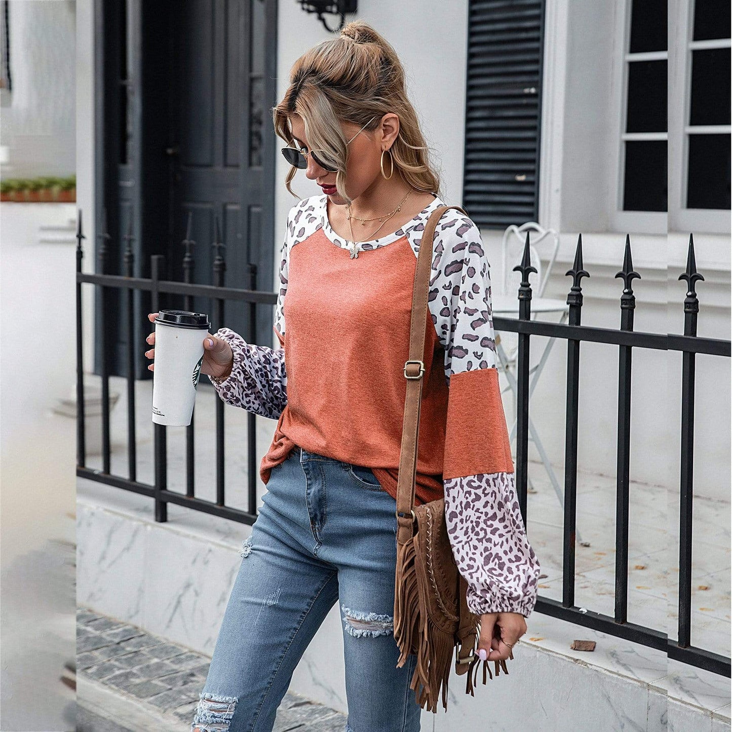 Anna-Kaci Leopard Print Color Block Baseball Long Sleeve Tee for Women