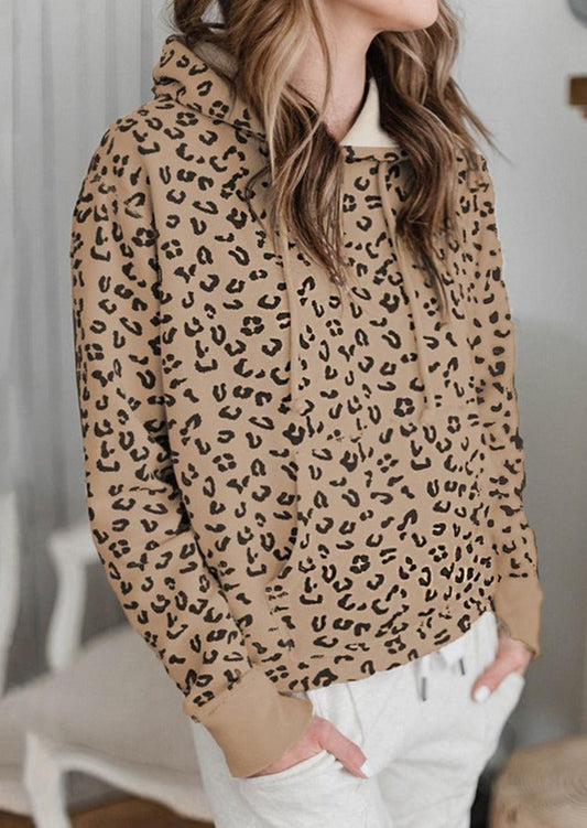 Anna-Kaci Leopard Print Kangaroo Pocket Slit Cuffs Drawstring Hoodie for Women