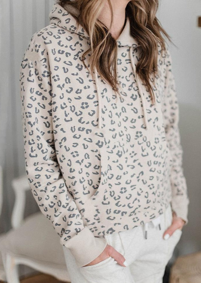 Anna-Kaci Leopard Print Kangaroo Pocket Slit Cuffs Drawstring Hoodie for Women