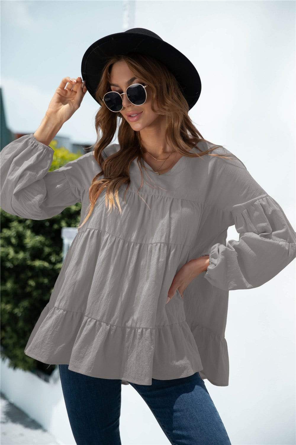 Anna-Kaci Long Sleeve Ruffle Tiered Layered V Neck Lightweight Top for Woemn