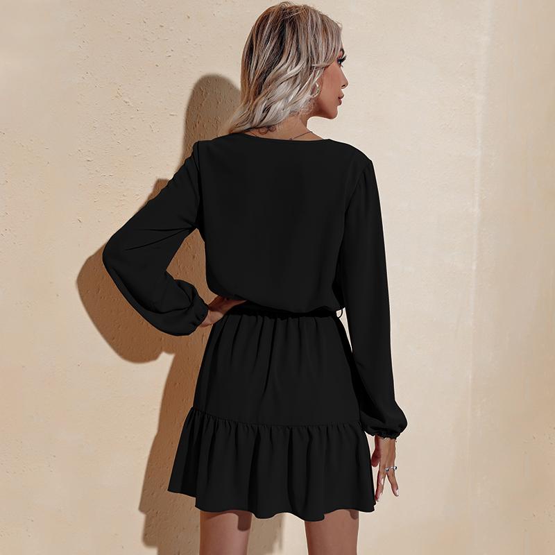 Anna-Kaci Long Sleeve Tied Waist V Neckline Ruffle Tiered Tunic Midi Dress