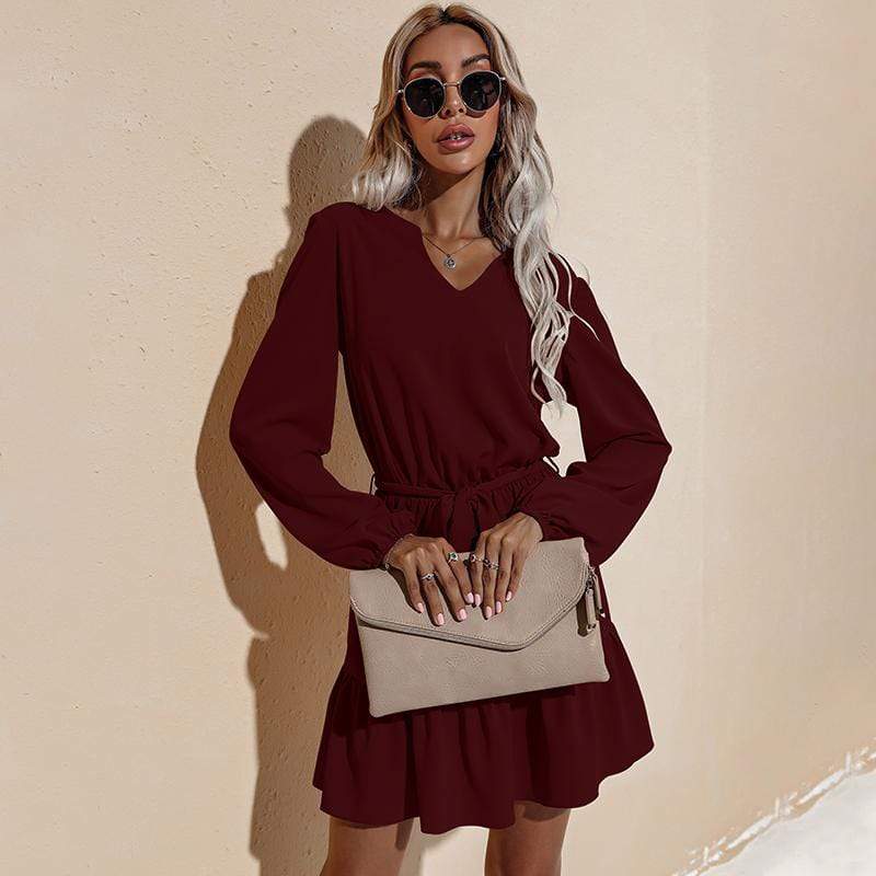 Anna-Kaci Long Sleeve Tied Waist V Neckline Ruffle Tiered Tunic Midi Dress