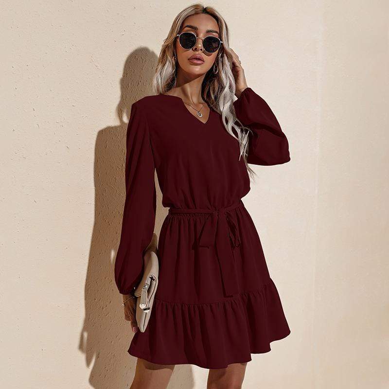 Anna-Kaci Long Sleeve Tied Waist V Neckline Ruffle Tiered Tunic Midi Dress