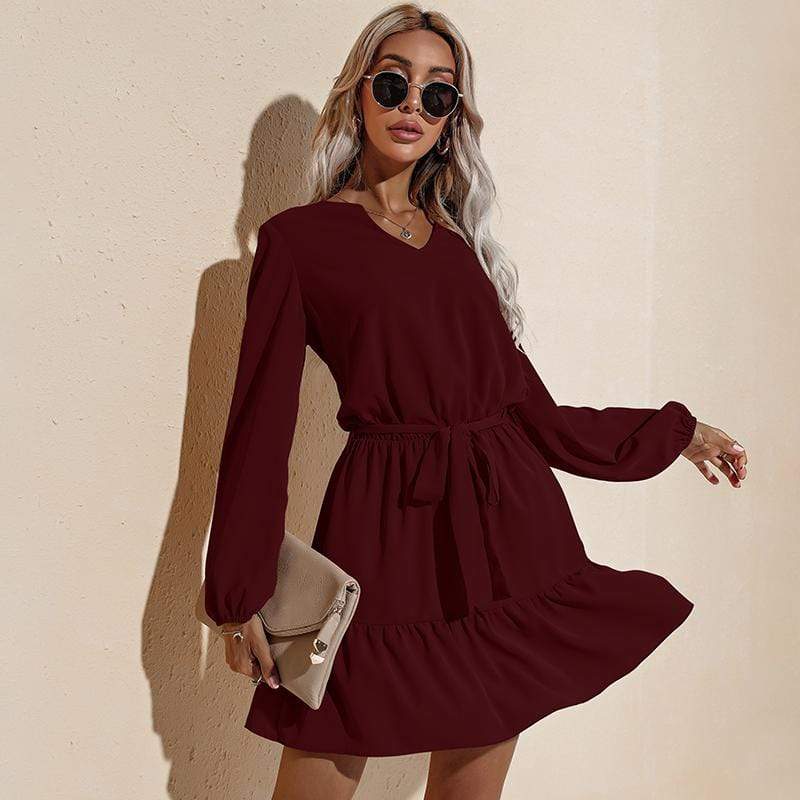Anna-Kaci Long Sleeve Tied Waist V Neckline Ruffle Tiered Tunic Midi Dress
