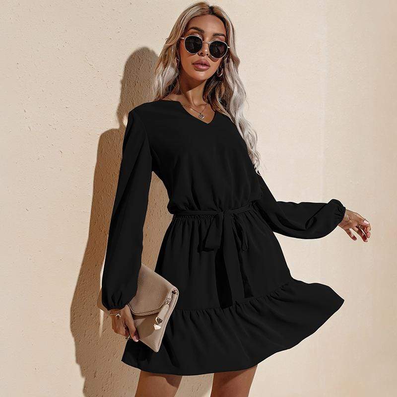 Anna-Kaci Long Sleeve Tied Waist V Neckline Ruffle Tiered Tunic Midi Dress