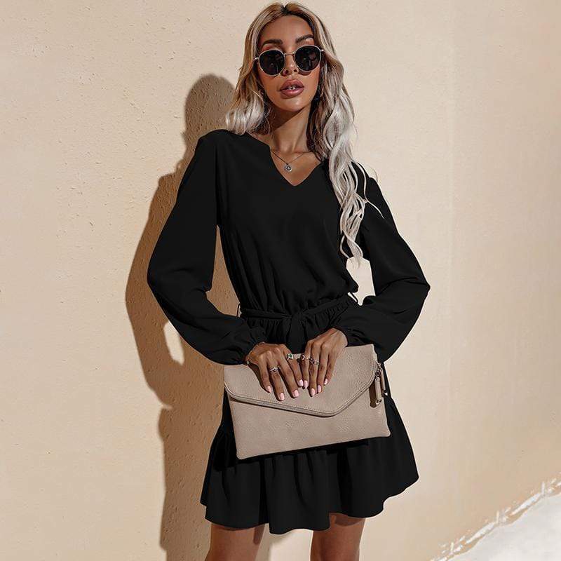 Anna-Kaci Long Sleeve Tied Waist V Neckline Ruffle Tiered Tunic Midi Dress
