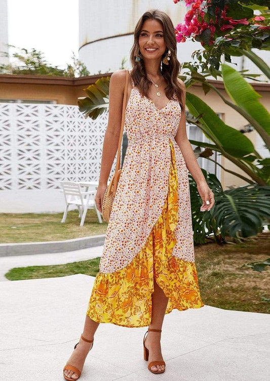Anna-Kaci Mixed Boho Paisley Floral Print Slit Front Midi Cami Dress Large 8-10 / Yellow