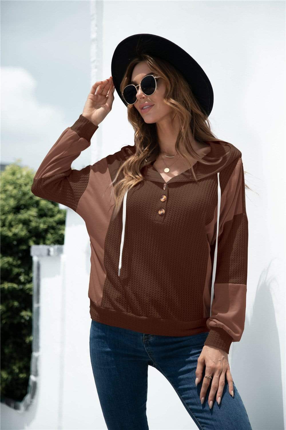 Anna-Kaci Mixed Two Tone Knitted Button Up Adjustable Drawstring Hoodie for Women