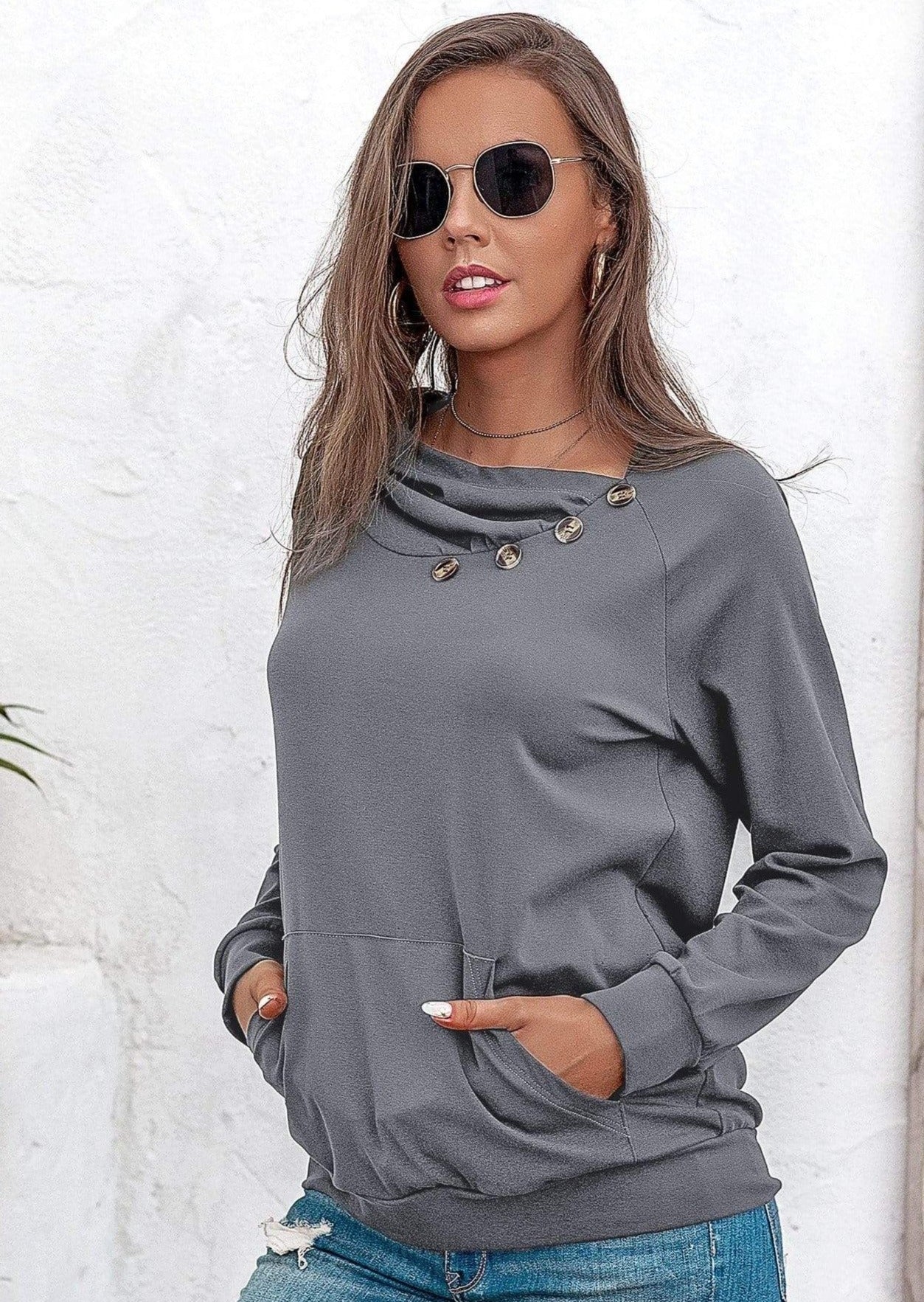 Anna-Kaci Off Set Irregular Neckline Lounge Button Decor Hoodie Sweater for Women Large 8-10 / Gray