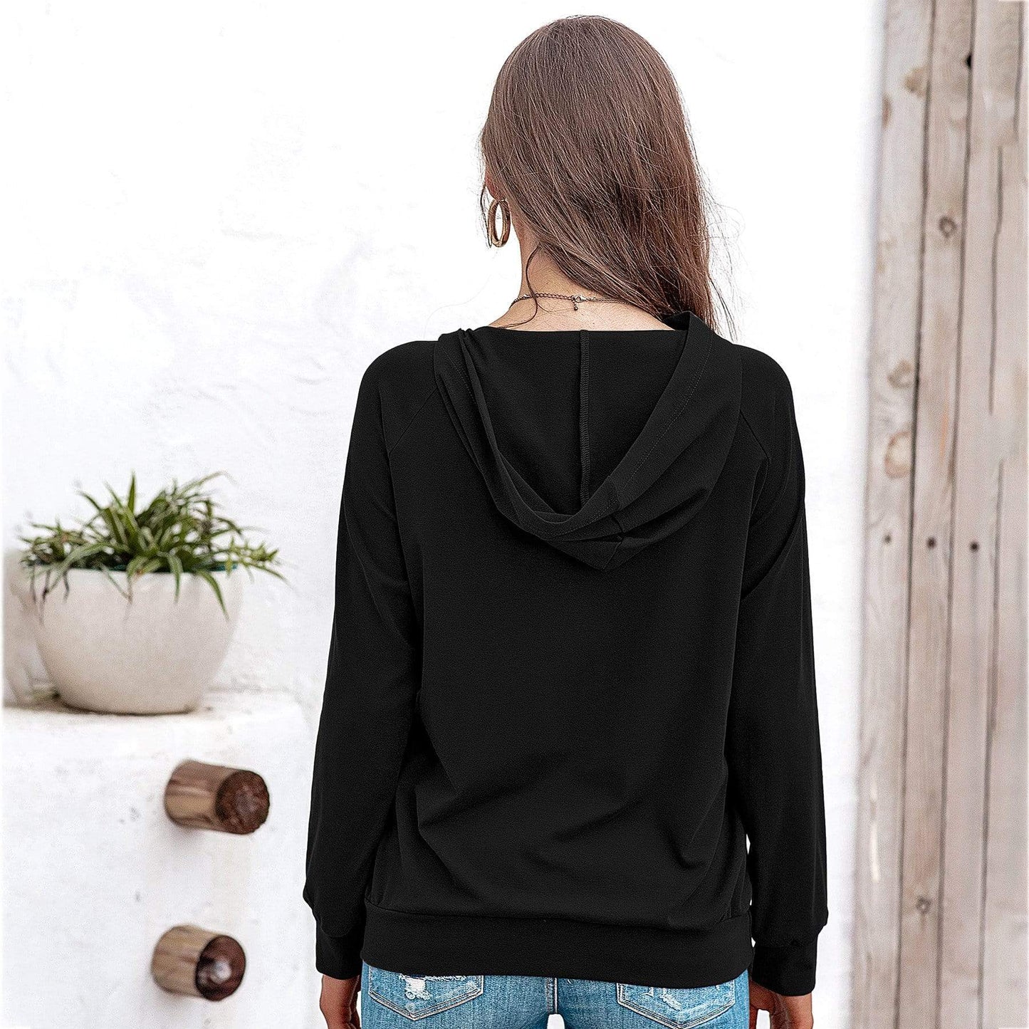 Anna-Kaci Off Set Irregular Neckline Lounge Button Decor Hoodie Sweater for Women