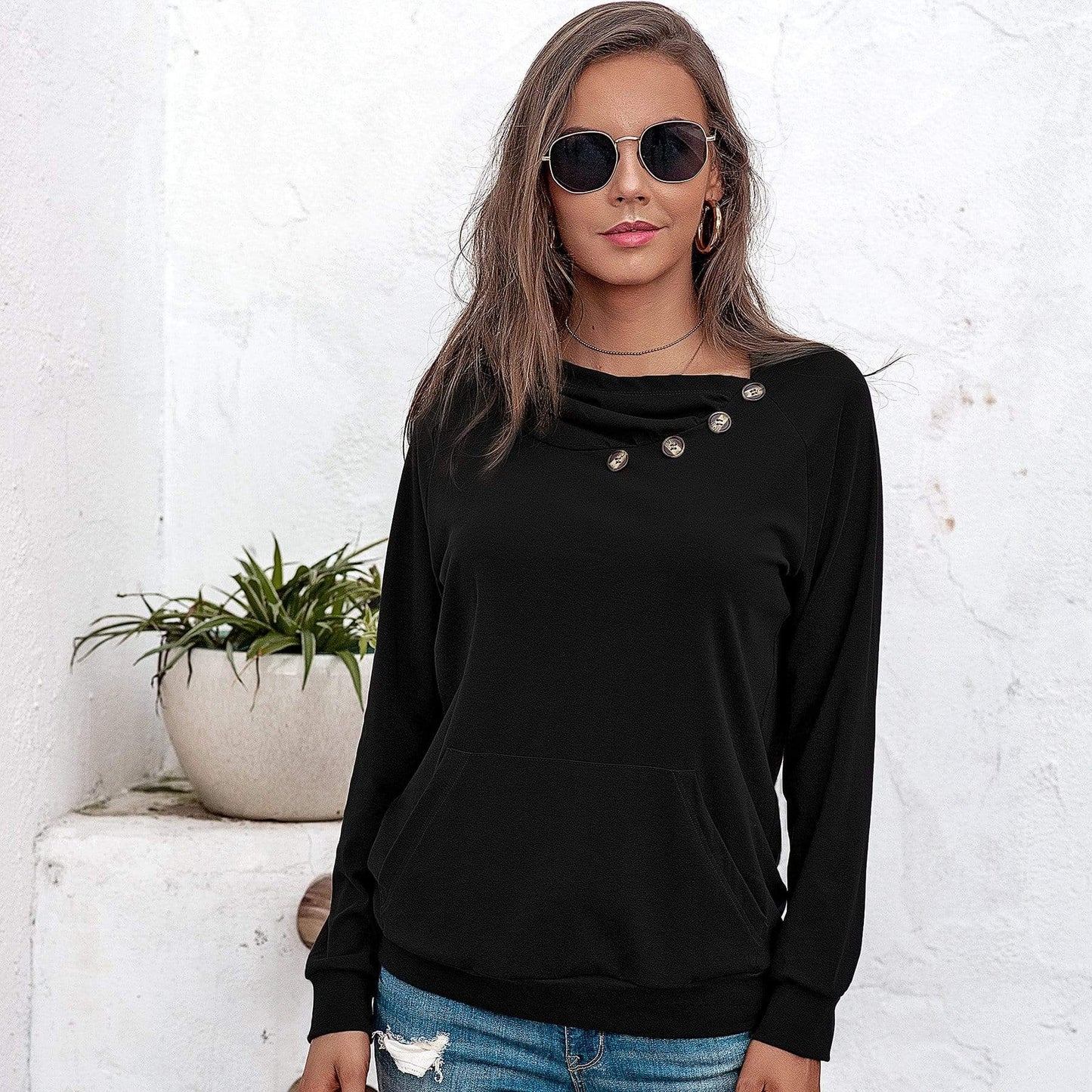Anna-Kaci Off Set Irregular Neckline Lounge Button Decor Hoodie Sweater for Women