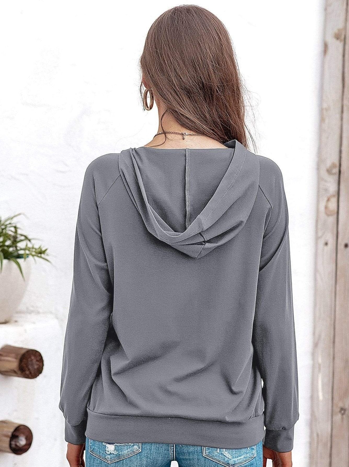 Anna-Kaci Off Set Irregular Neckline Lounge Button Decor Hoodie Sweater for Women