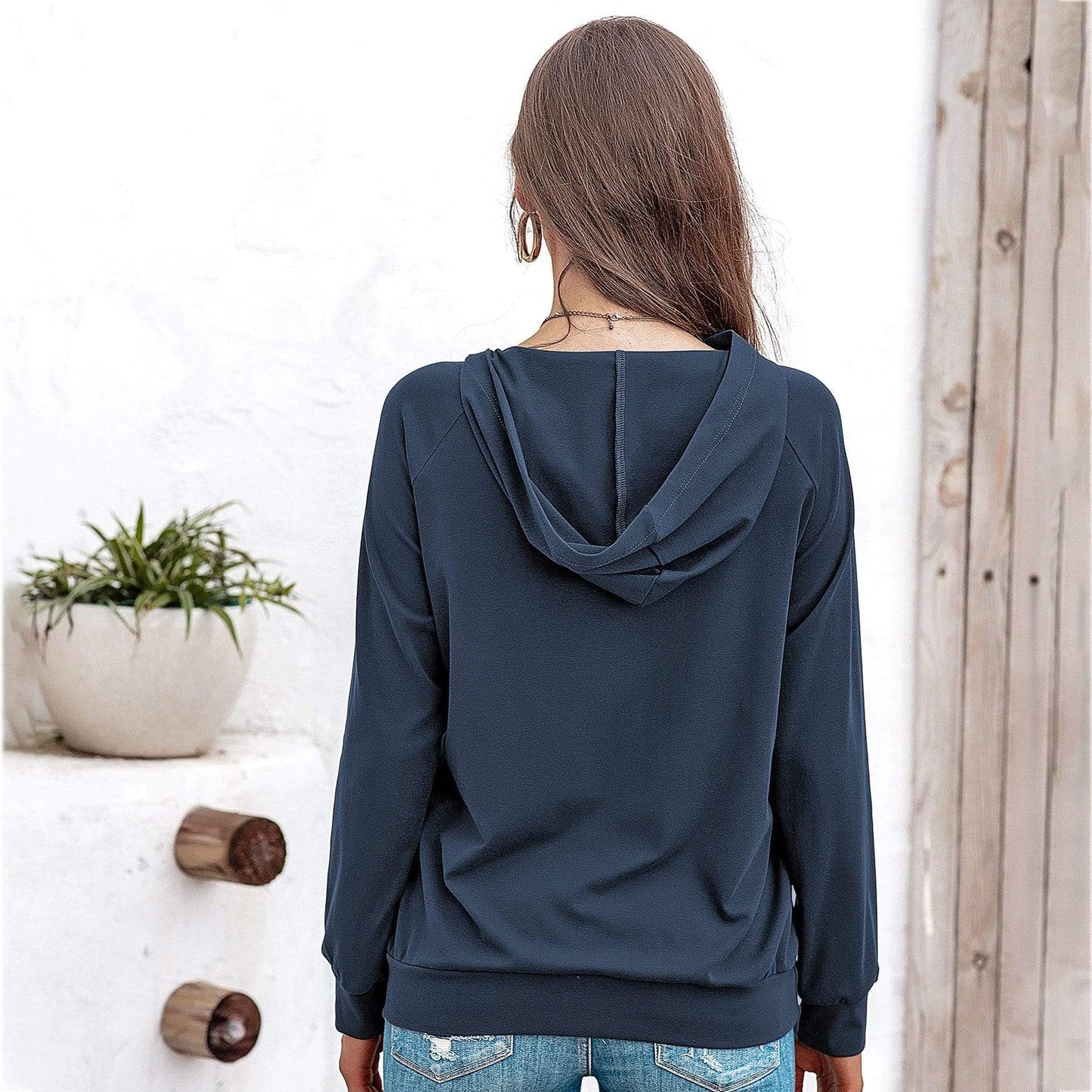 Anna-Kaci Off Set Irregular Neckline Lounge Button Decor Hoodie Sweater for Women