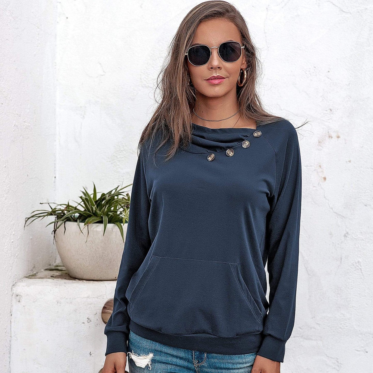 Anna-Kaci Off Set Irregular Neckline Lounge Button Decor Hoodie Sweater for Women
