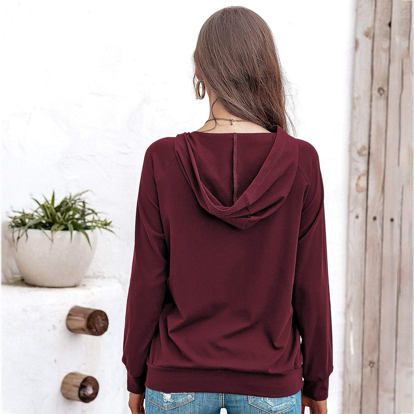 Anna-Kaci Off Set Irregular Neckline Lounge Button Decor Hoodie Sweater for Women