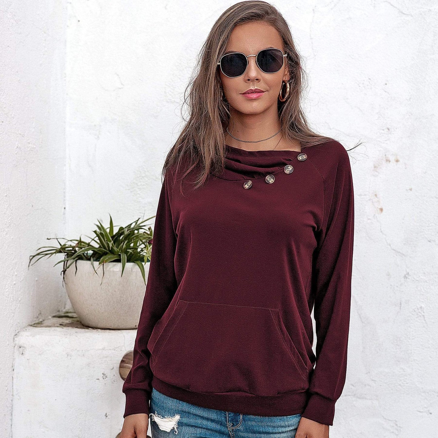 Anna-Kaci Off Set Irregular Neckline Lounge Button Decor Hoodie Sweater for Women