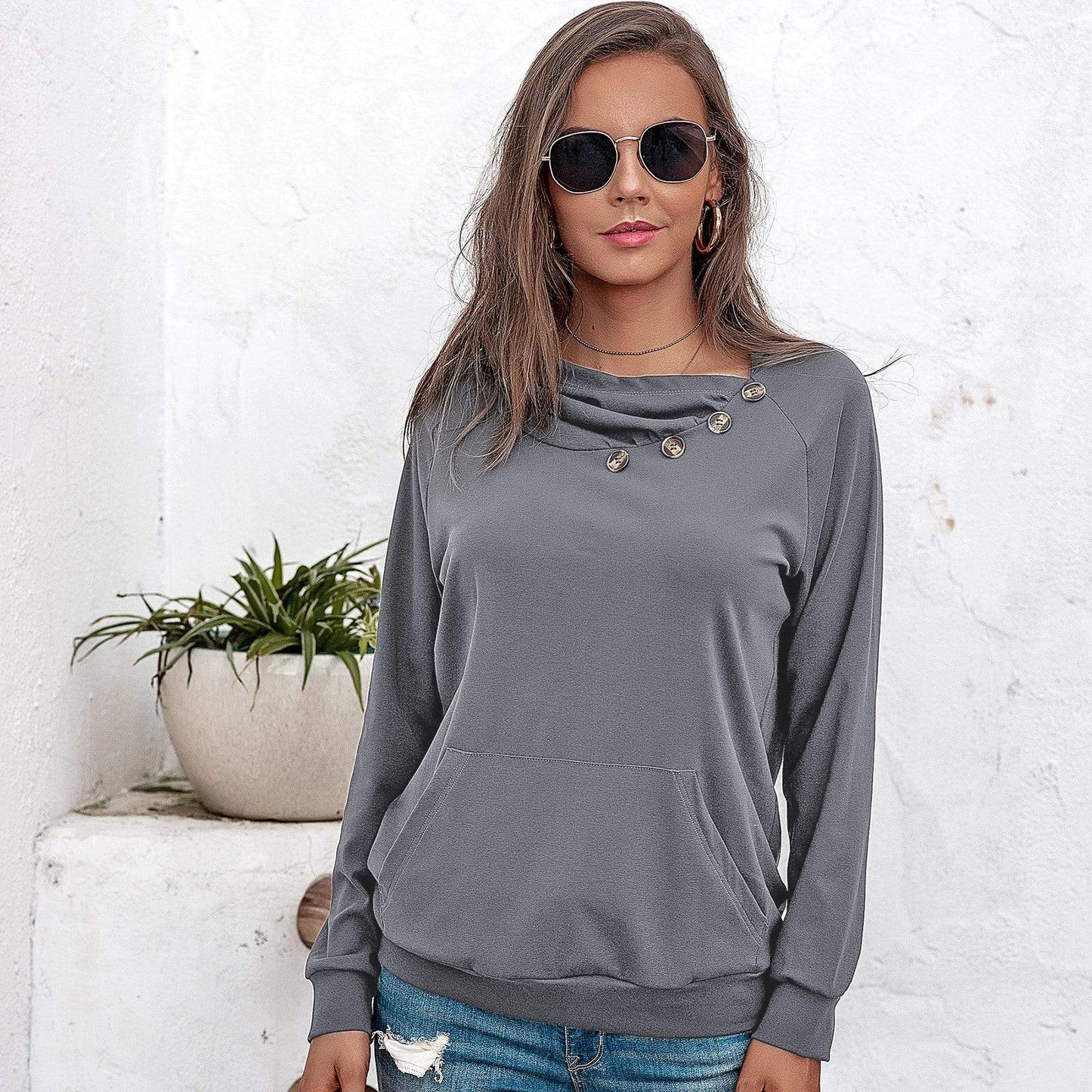 Anna-Kaci Off Set Irregular Neckline Lounge Button Decor Hoodie Sweater for Women