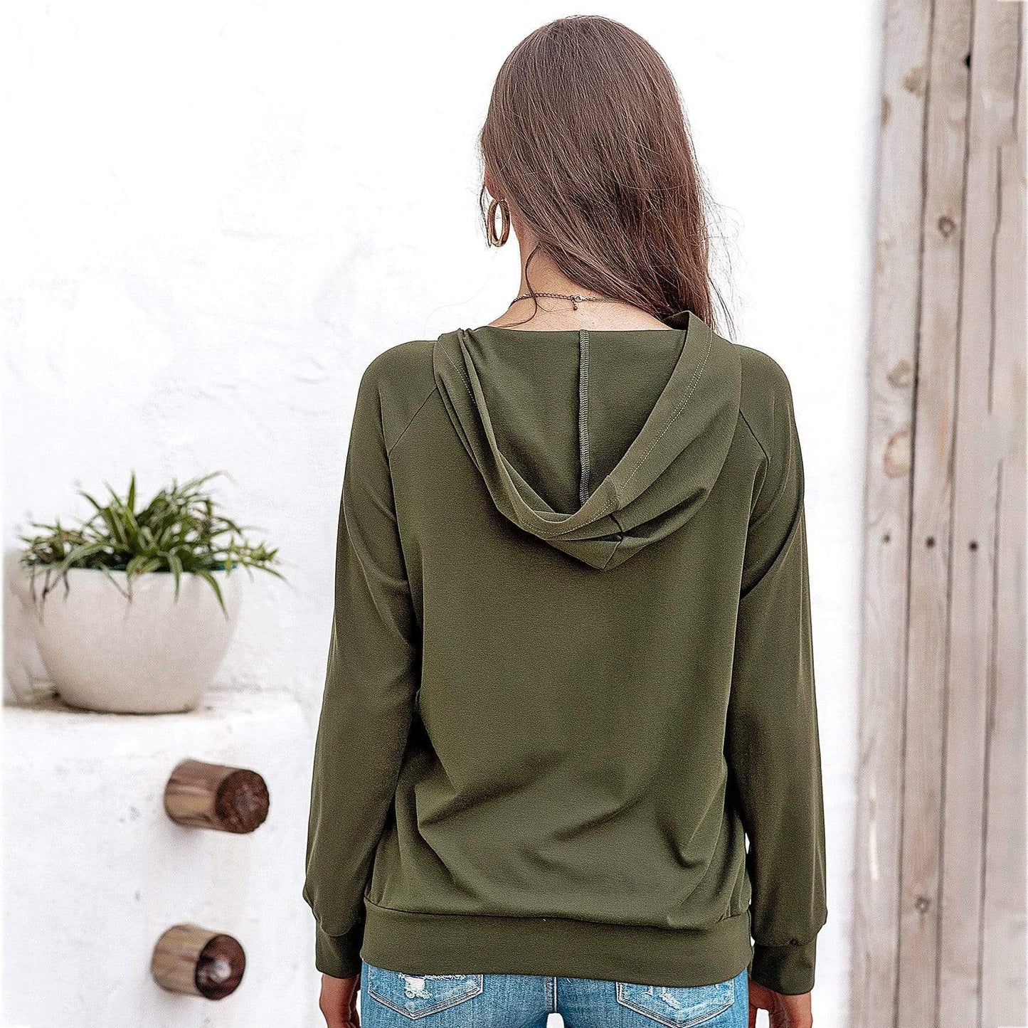 Anna-Kaci Off Set Irregular Neckline Lounge Button Decor Hoodie Sweater for Women