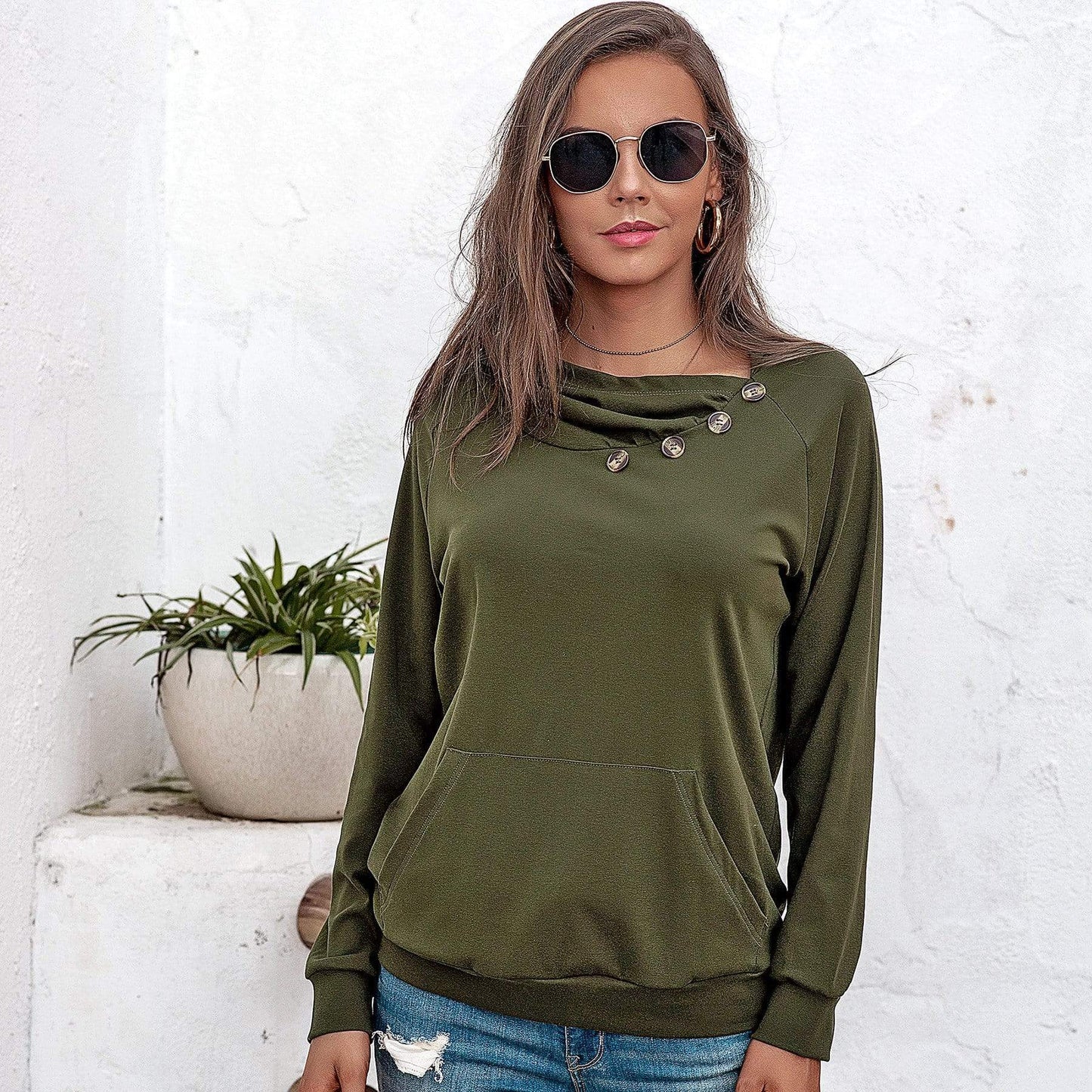 Anna-Kaci Off Set Irregular Neckline Lounge Button Decor Hoodie Sweater for Women