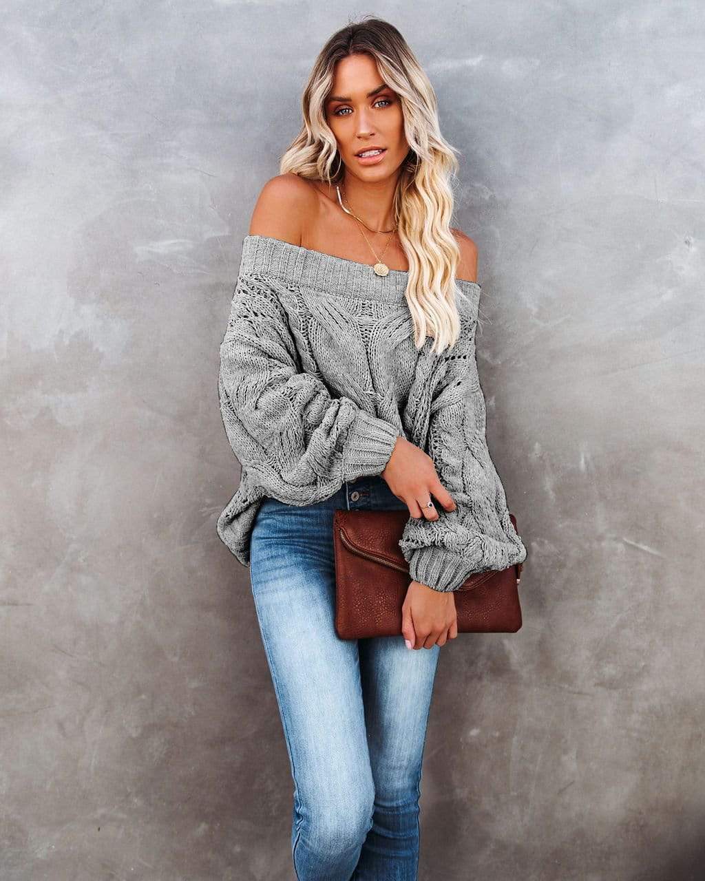 Anna-Kaci Off Shoulder Long Sleeve Oversized Cable Knit Sweater for Women L / Gray