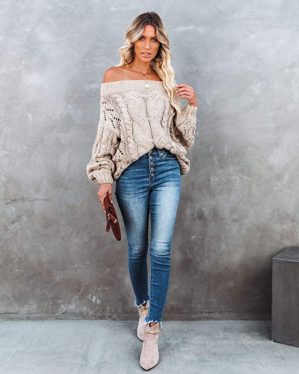 Anna-Kaci Off Shoulder Long Sleeve Oversized Cable Knit Sweater for Women
