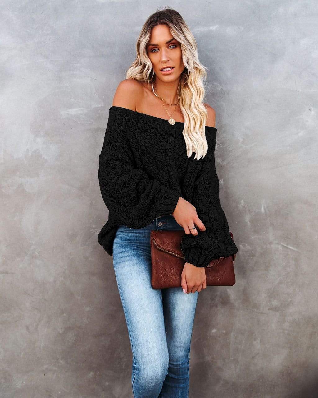 Anna-Kaci Off Shoulder Long Sleeve Oversized Cable Knit Sweater for Women