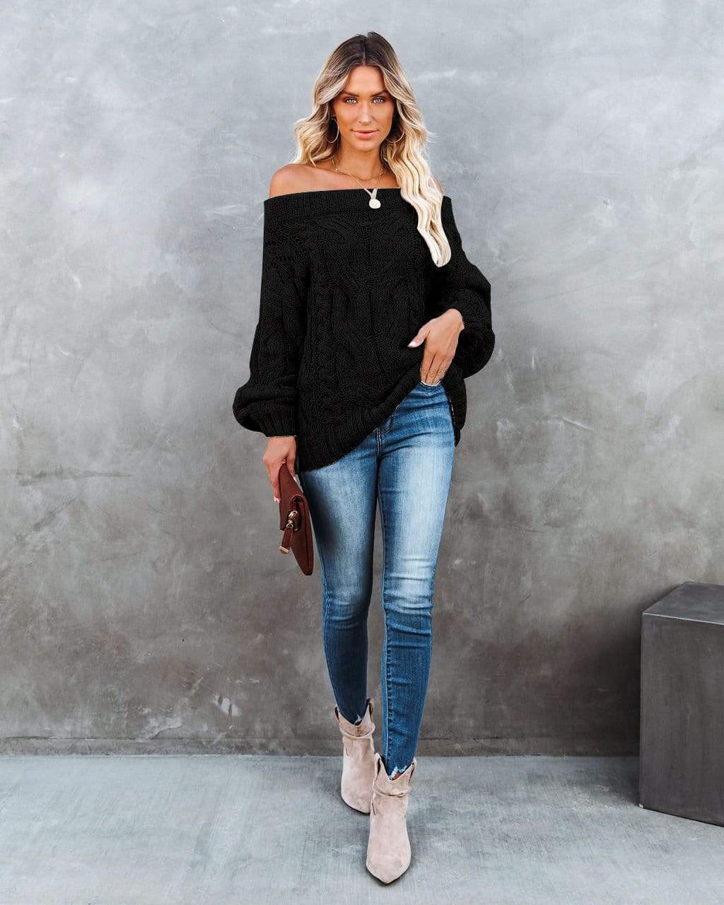 Anna-Kaci Off Shoulder Long Sleeve Oversized Cable Knit Sweater for Women