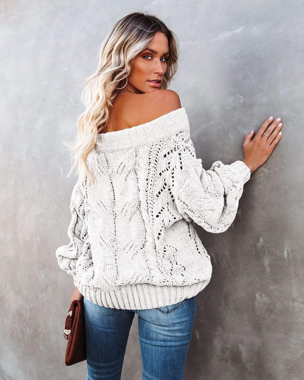 Anna-Kaci Off Shoulder Long Sleeve Oversized Cable Knit Sweater for Women