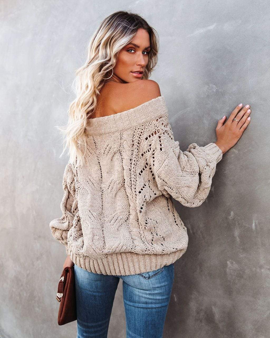 Anna-Kaci Off Shoulder Long Sleeve Oversized Cable Knit Sweater for Women