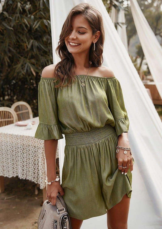 Anna-Kaci Off Shoulder Romper Smocked Waist with Ruffle Details for Women Olive Green / Small 0-4