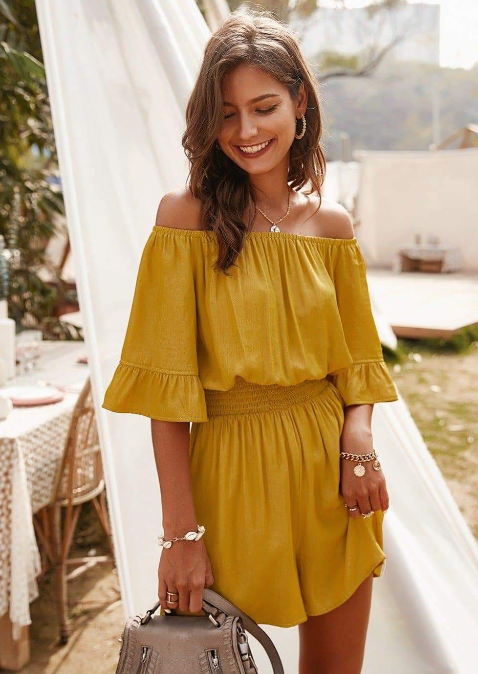 Anna-Kaci Off Shoulder Romper Smocked Waist with Ruffle Details for Women