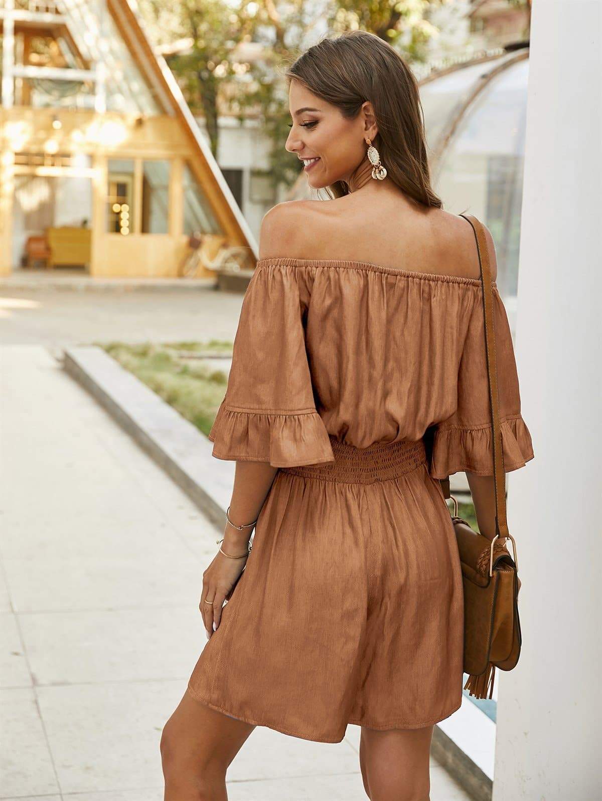 Anna-Kaci Off Shoulder Romper Smocked Waist with Ruffle Details for Women