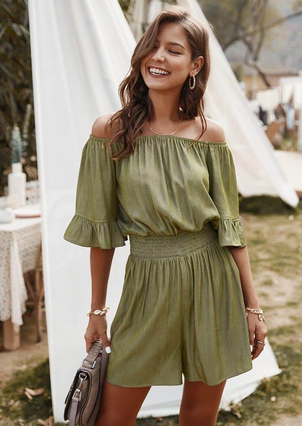 Anna-Kaci Off Shoulder Romper Smocked Waist with Ruffle Details for Women