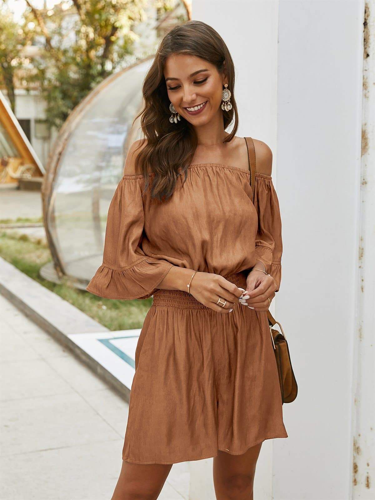 Anna-Kaci Off Shoulder Romper Smocked Waist with Ruffle Details for Women