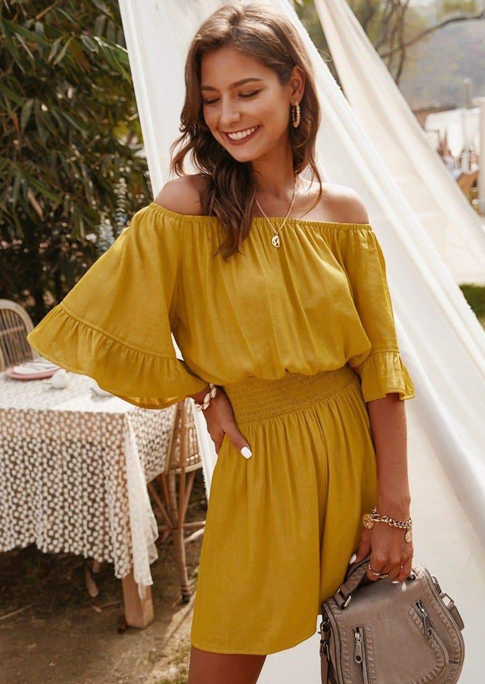 Anna-Kaci Off Shoulder Romper Smocked Waist with Ruffle Details for Women Sunrise Yellow / Small 0-4