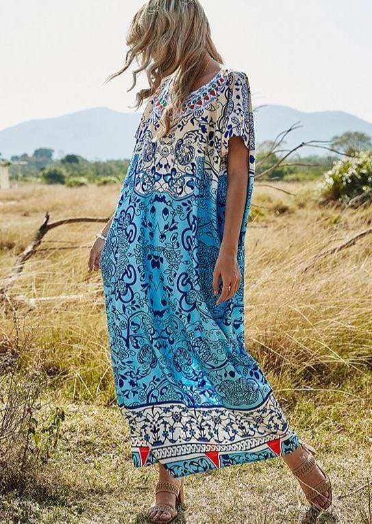 Anna-Kaci Oversized Boho Floral Beach Kaftan Dress Swimsuit Coverup for Women Onesize / Blue