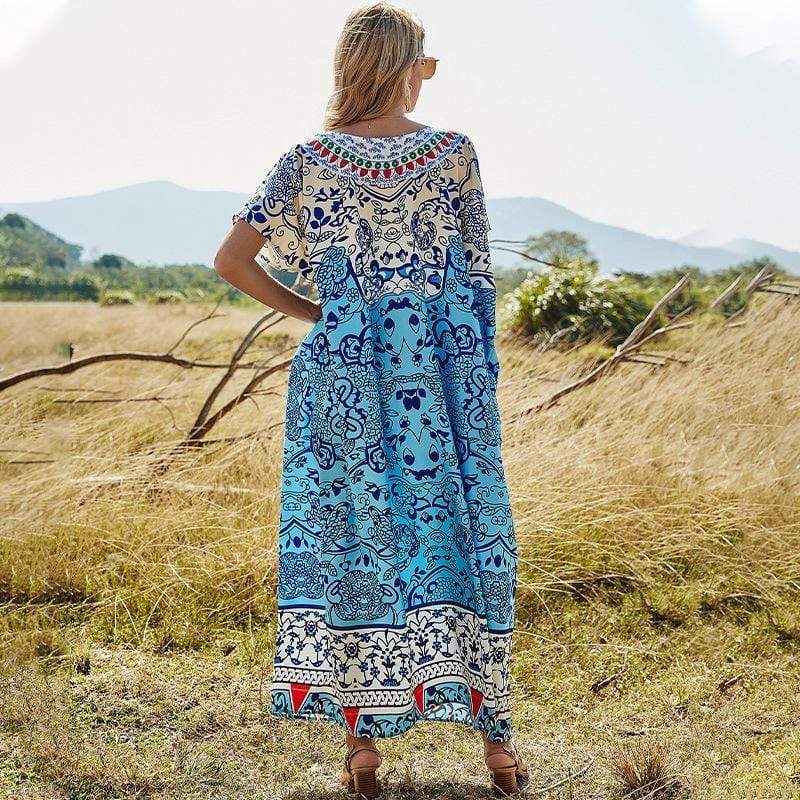 Anna-Kaci Oversized Boho Floral Beach Kaftan Dress Swimsuit Coverup for Women Onesize / Blue