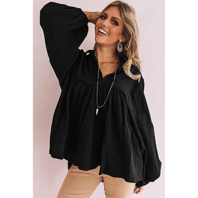 Anna-Kaci Oversized Ruffle Lantern Long Sleeve Flare Top for Women Large 8-10 / Black